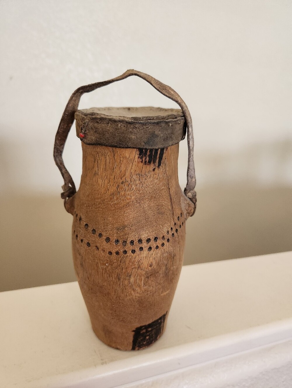 Antique Wooden Turkana Fat Pot with Original Leather Hide Lid & Strap Tribal